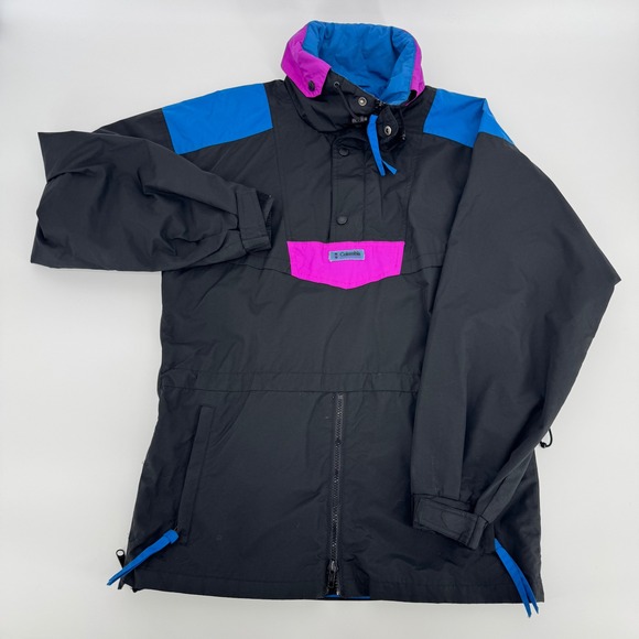Vintage Columbia Sportswear Jacket Small Black Blue Pink Ski Pullover Anorak 90s - Picture 1 of 6